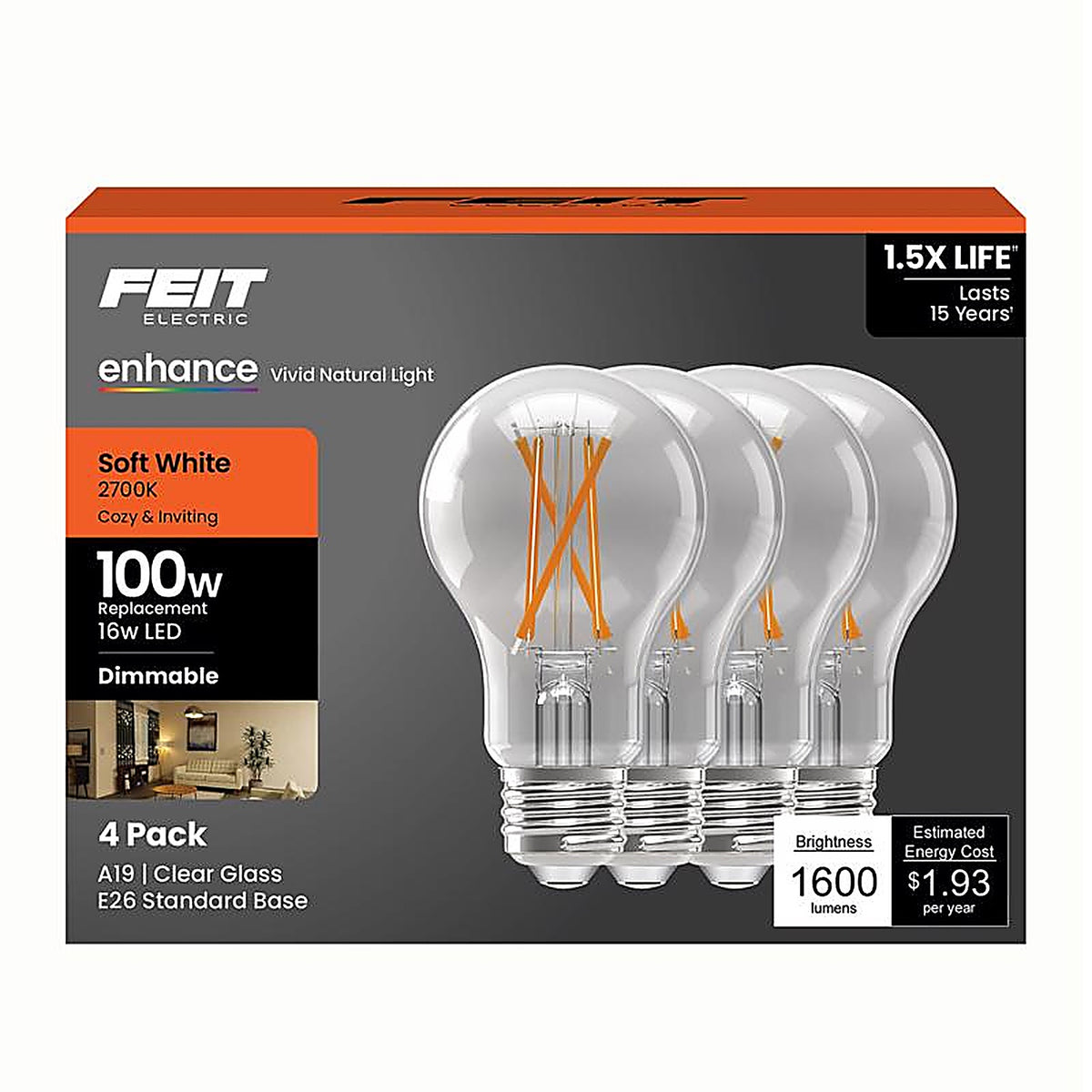 Feit - A100CL927FIL4GB - A19 E26 (Medium) Filament LED Bulb Soft White 100 Watt Equivalence 4 Pack