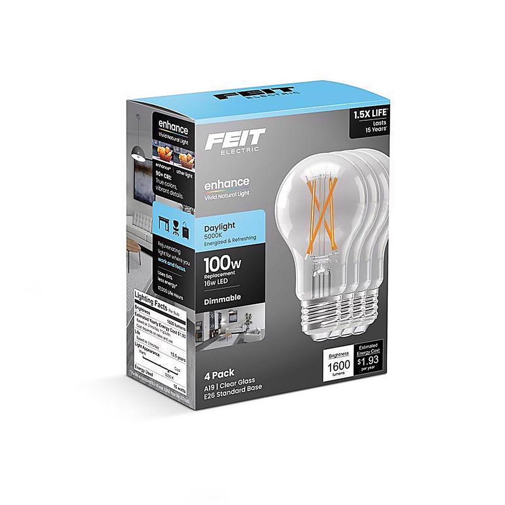 Feit - A100CL950FIL4GB - A19 E26 (Medium) Filament LED Bulb Daylight 100 Watt Equivalence 4 Pack