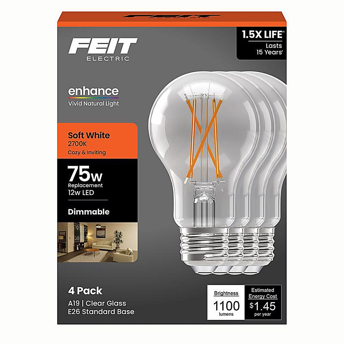 Feit - A1975CL927/FIL4 - A19 E26 (Medium) Filament LED Bulb Soft White 75 Watt Equivalence 4 Pack