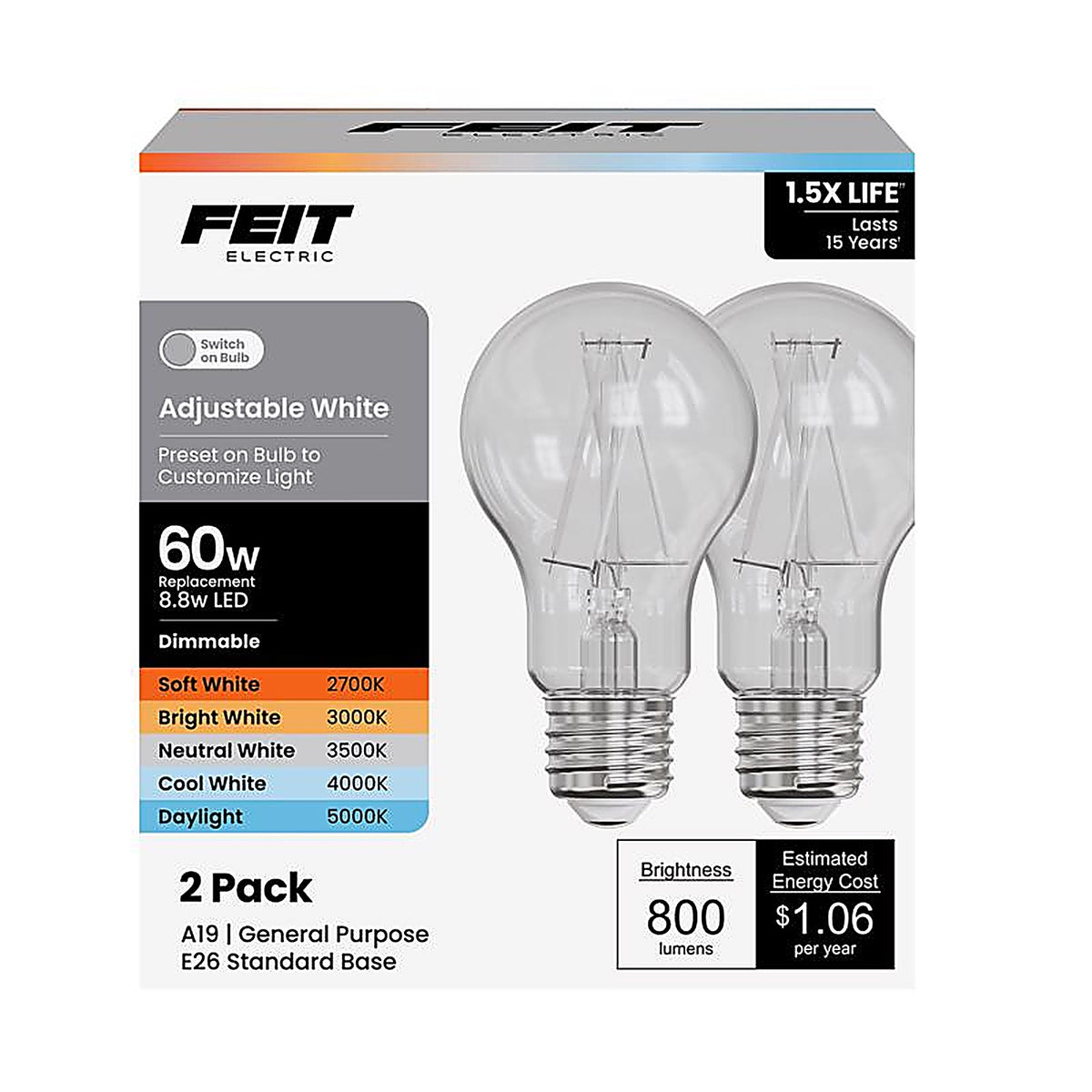 Feit - A1960CL5CCTWFL2 - A19 E26 (Medium) Filament LED Bulb Adjustable White 60 Watt Equivalence 2 Pack