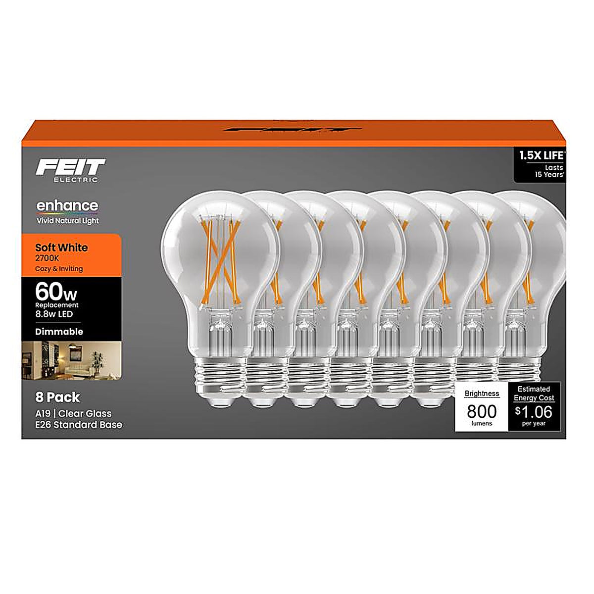 Feit - A1960CL927FL8GB - A19 E26 (Medium) Filament LED Bulb Soft White 60 Watt Equivalence 8 Pack