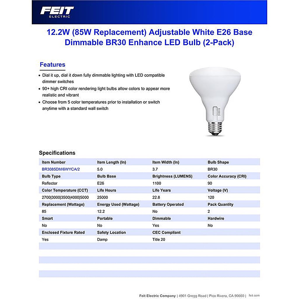 Feit - BR3085DM/6WYCA2 - Br30 E26 (Medium) LED Bulb Adjustable White 85 Watt Equivalence 2 Pack