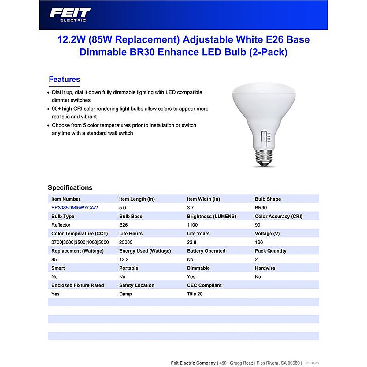 Feit - BR3085DM/6WYCA2 - Br30 E26 (Medium) LED Bulb Adjustable White 85 Watt Equivalence 2 Pack