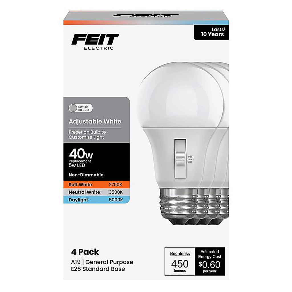 Feit - OM403CCTCA10K/4 - A19 E26 (Medium) LED Bulb Adjustable White 40 Watt Equivalence 4 Pack
