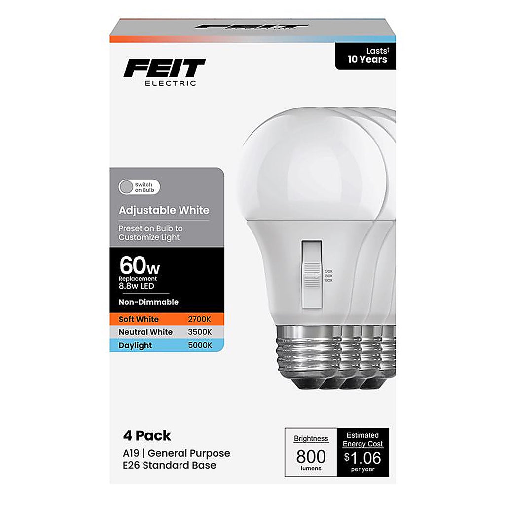 Feit - OM603CCTCA10K/4 - A19 E26 (Medium) LED Bulb Adjustable White 60 Watt Equivalence 4 Pack