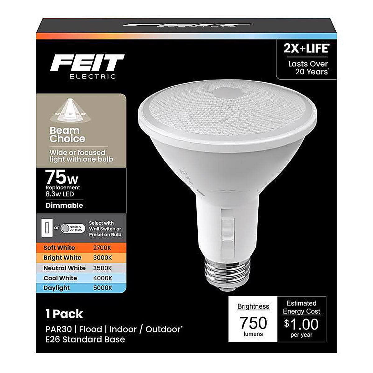 Feit - PAR30LADJ/6WYCA - Par30 E26 (Medium) LED Bulb Adjustable White 75 Watt Equivalence 1 Pack