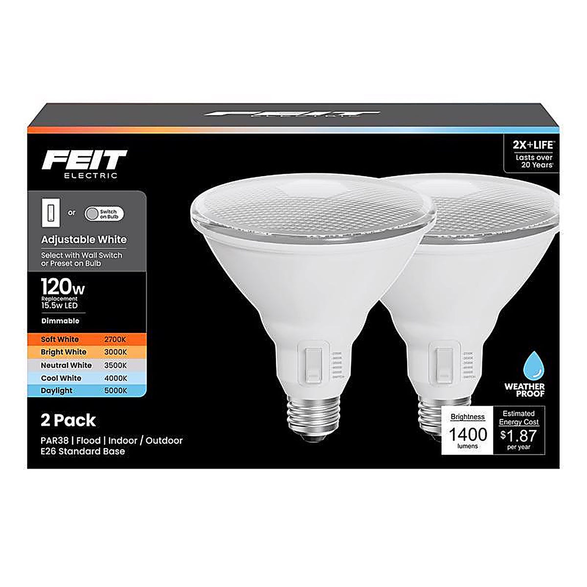 Feit - PAR38120DM/6WY2 - Par38 E26 (Medium) LED Bulb Adjustable White 120 Watt Equivalence 2 Pack