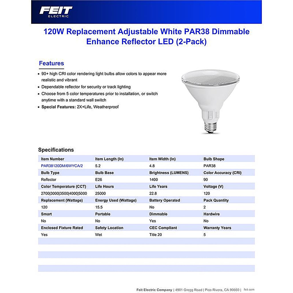 Feit - PAR38120DM/6WY2 - Par38 E26 (Medium) LED Bulb Adjustable White 120 Watt Equivalence 2 Pack