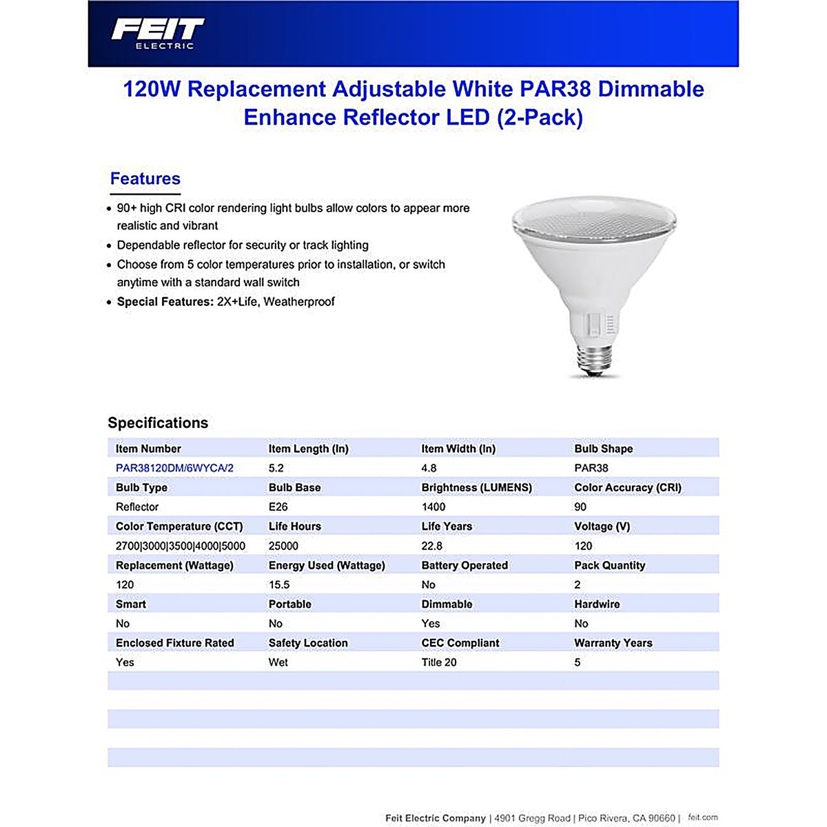Feit - PAR38120DM/6WY2 - Par38 E26 (Medium) LED Bulb Adjustable White 120 Watt Equivalence 2 Pack