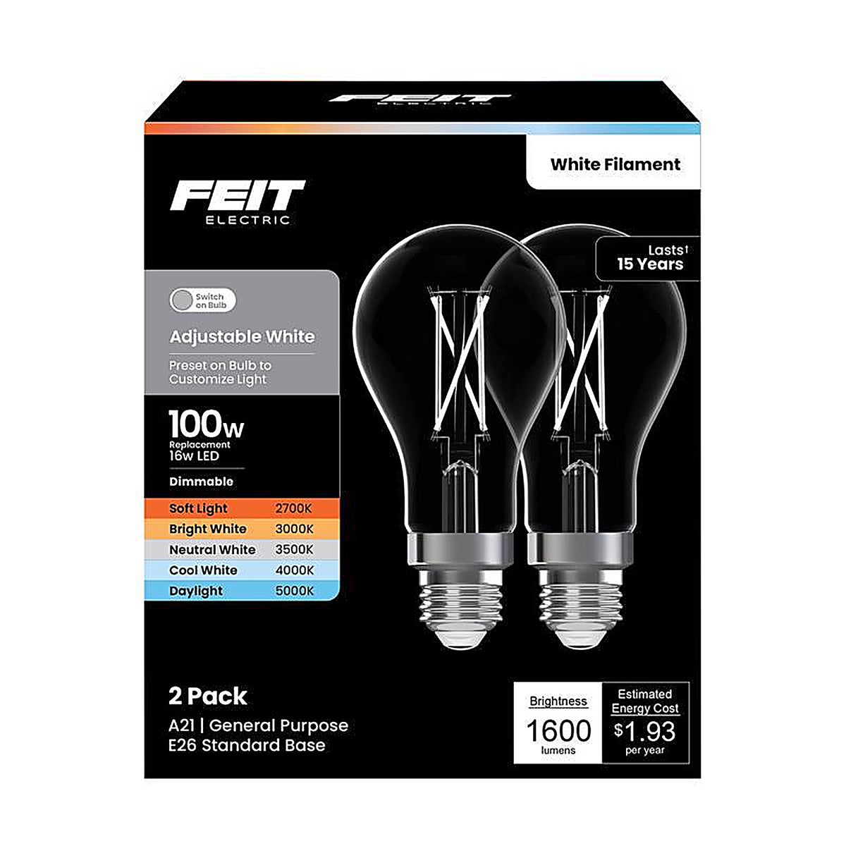 Feit - A19100CL5CCTWF2 - A21 E26 (Medium) Filament LED Bulb Adjustable White 100 Watt Equivalence 2 Pack