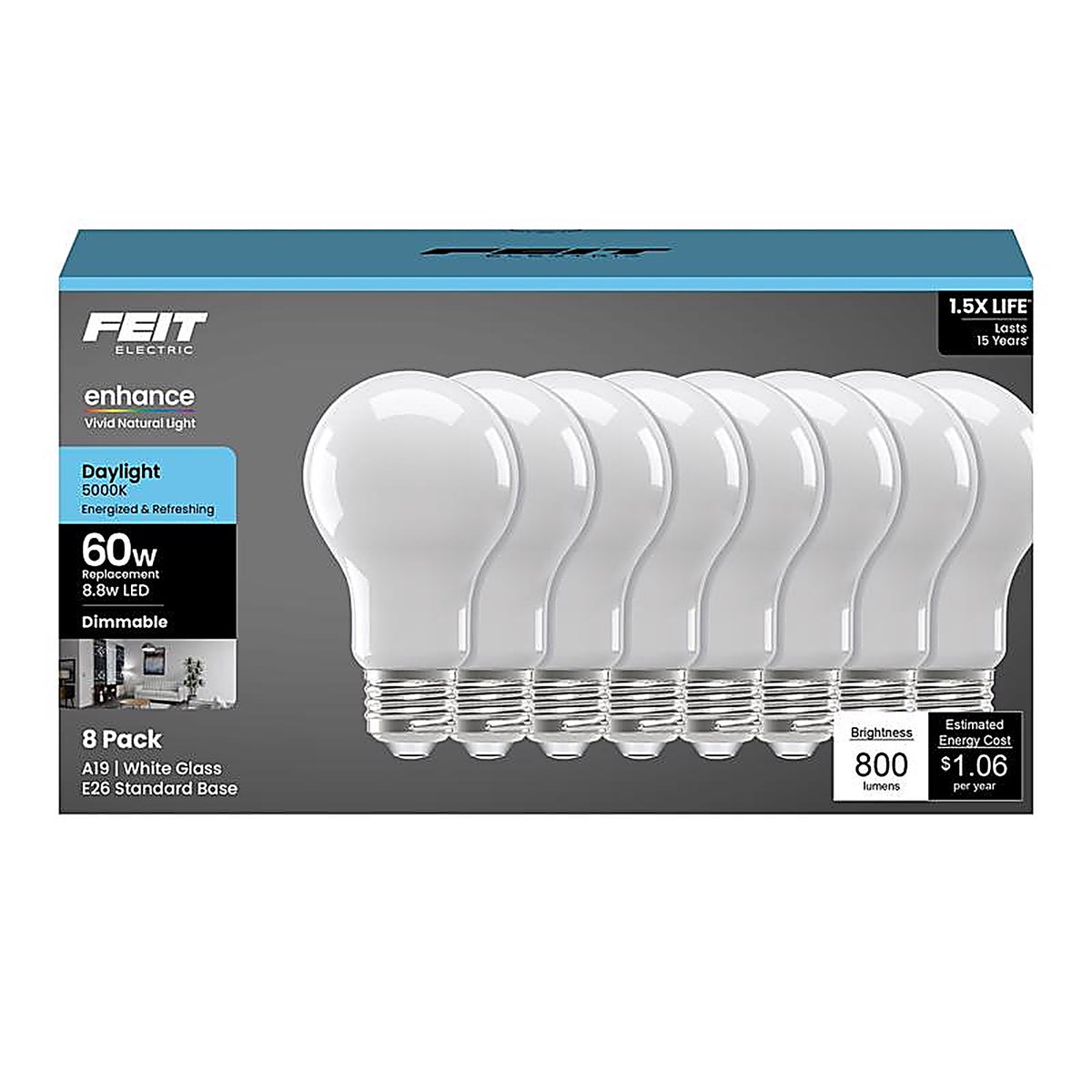 Feit - A1960950FIL8/GB - A19 E26 (Medium) LED Bulb Daylight 60 Watt Equivalence 8 Pack