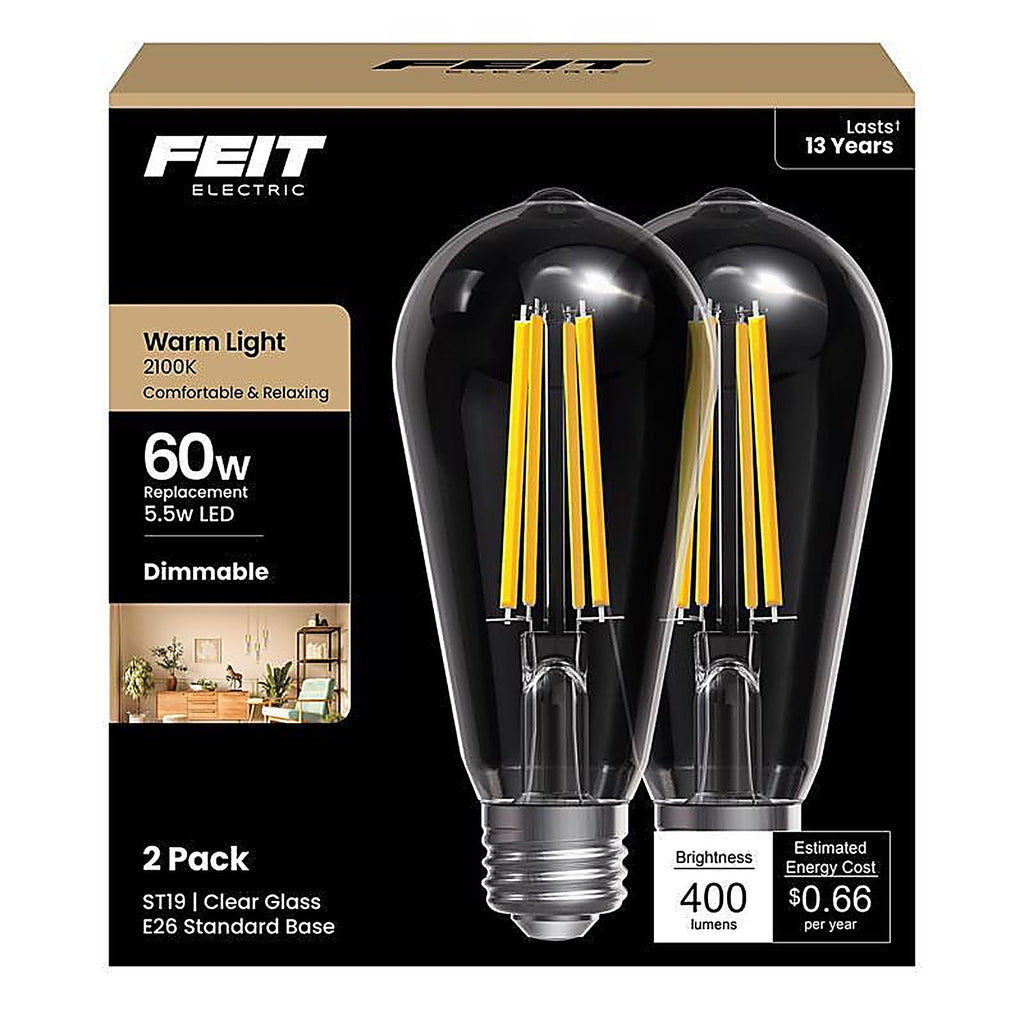 Feit - ST19/CL/VG/LED2 - St19 E26 (Medium) Filament LED Bulb Warm Candle Light 60 Watt Equivalence 2 Pack
