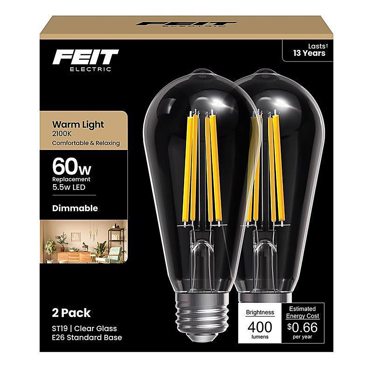 Feit - ST19/CL/VG/LED2 - St19 E26 (Medium) Filament LED Bulb Warm Candle Light 60 Watt Equivalence 2 Pack