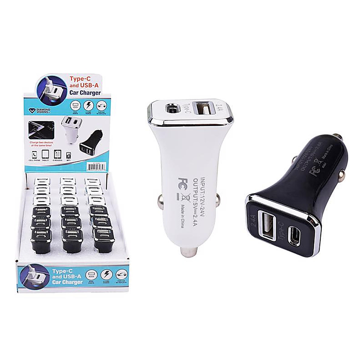 Diamond Visions - 01-3265 - Black/White Cube Design 2 Port USB Car Charger for All Smartphones