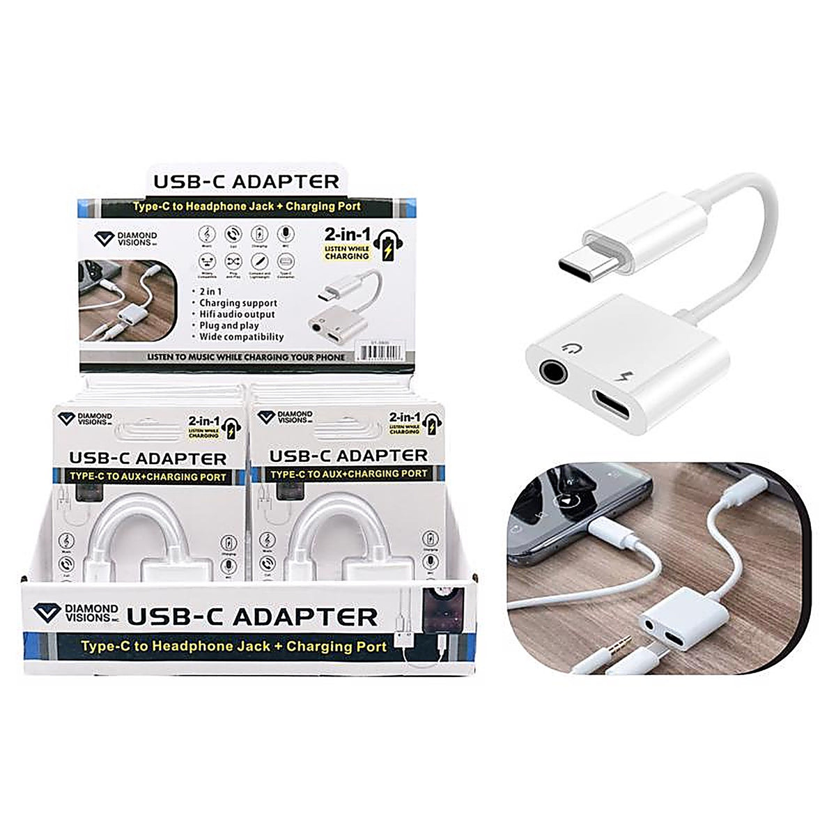 Diamond Visions - 01-3900 - White Diamond Visions Inc 2 in 1 Adapter for All Smartphones