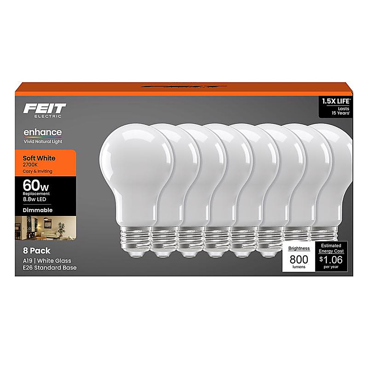 Feit - A1960927FIL8/GB - A19 E26 (Medium) LED Bulb Soft White 60 Watt Equivalence 8 Pack