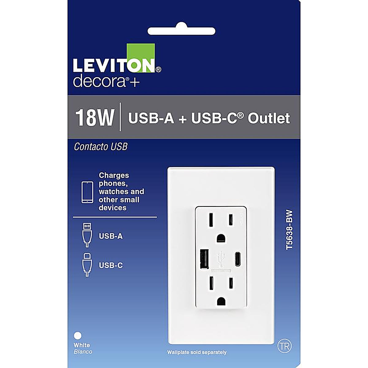 Leviton - T5638-0BW - Decora 15 Amps 125 V Type A/C Duplex White Outlet and USB Charger 5-15R 1 Pack