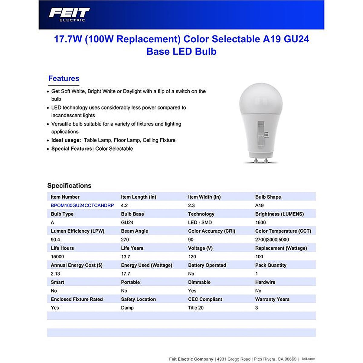 Feit - BPOM100GU24CCT - A21 Gu24 LED Bulb Adjustable White 100 Watt Equivalence 1 Pack