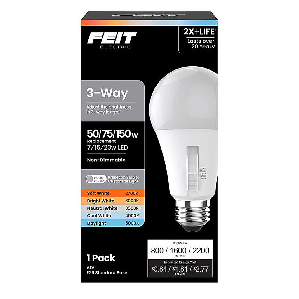 Feit - OM50/150/5CCTCA - A19 E26 (Medium) LED Bulb Adjustable White 50/75/150 Watt Equivalence 1 Pack