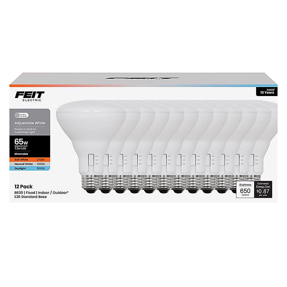 Feit - BR30DM3CCT10K12 - Br30 E26 (Medium) LED Bulb Adjustable White 60 Watt Equivalence 12 Pack