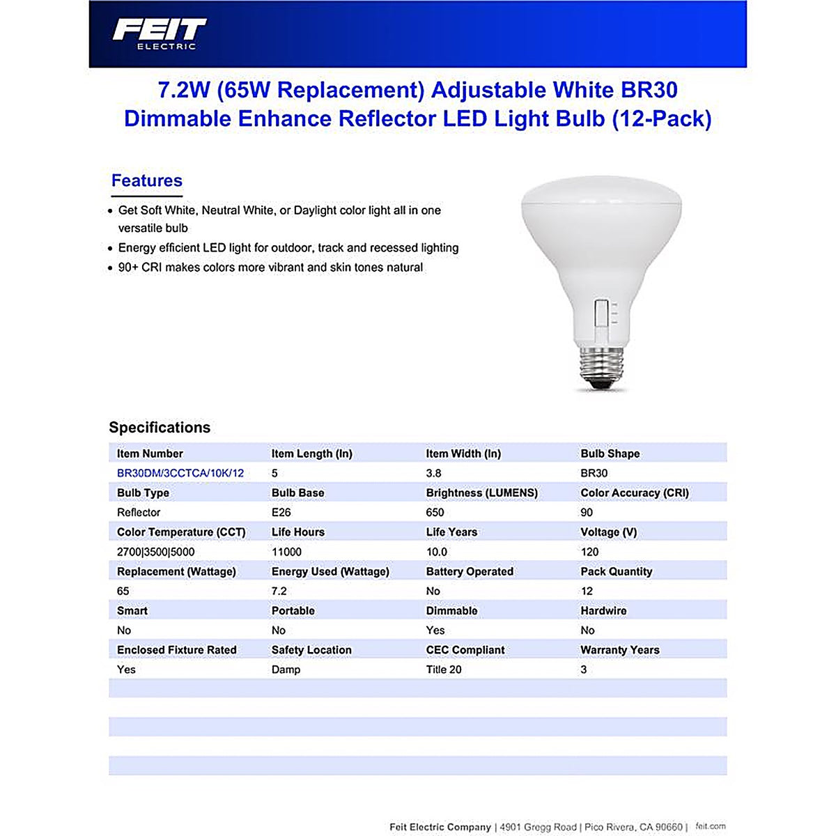 Feit - BR30DM3CCT10K12 - Br30 E26 (Medium) LED Bulb Adjustable White 60 Watt Equivalence 12 Pack