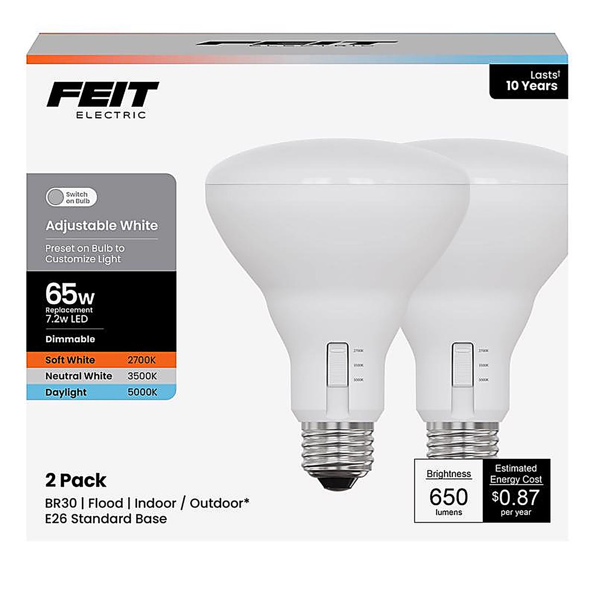 Feit - BR30DM3CCT10K/2 - Br30 E26 (Medium) LED Bulb Adjustable White 65 Watt Equivalence 2 Pack