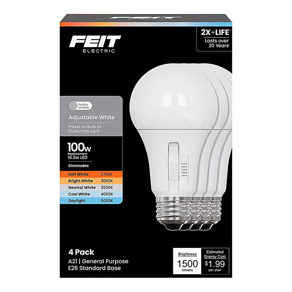 Feit - OM100DM5CCTCA/4 - A21 E26 (Medium) LED Bulb Adjustable White 100 Watt Equivalence 4 Pack