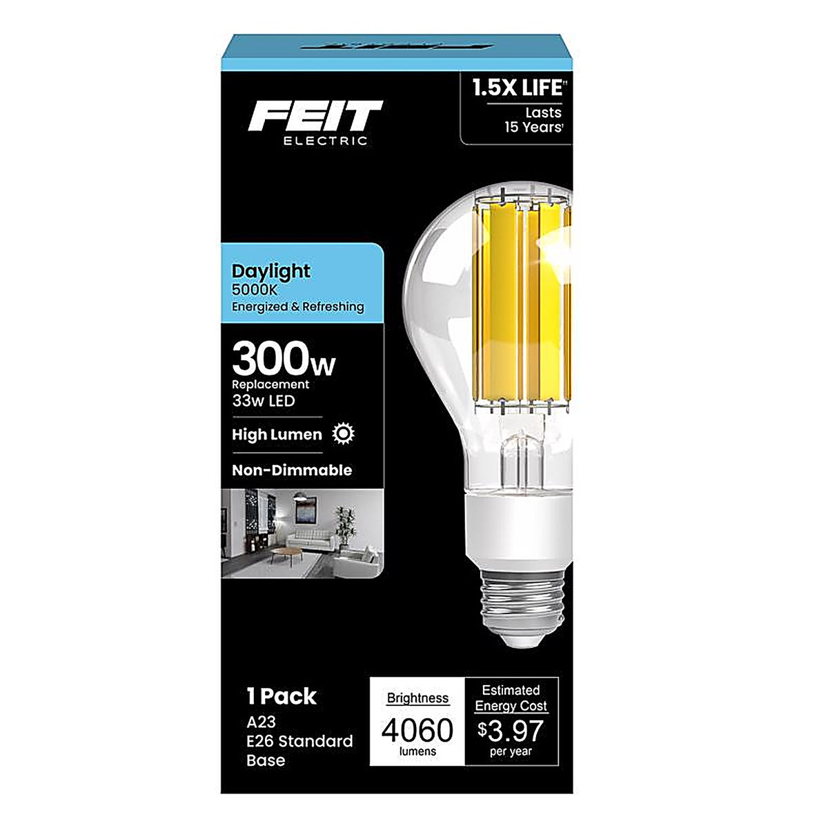 Feit - OM300CL/850/FIL - A23 E26 (Medium) Filament LED Bulb Daylight 300 Watt Equivalence 1 Pack