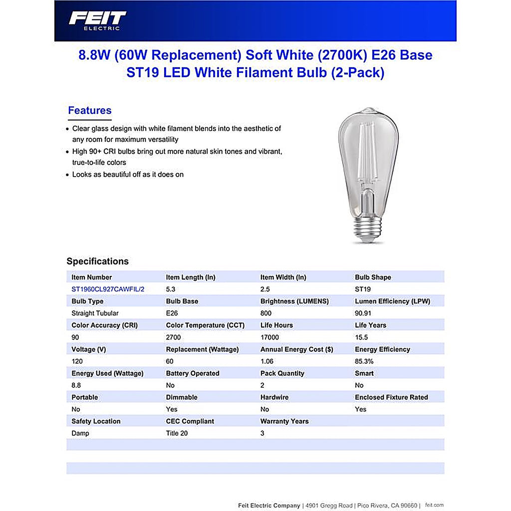 Feit - ST19CL927WFIL/2 - St19 E26 (Medium) Filament LED Bulb Soft White 60 Watt Equivalence 2 Pack