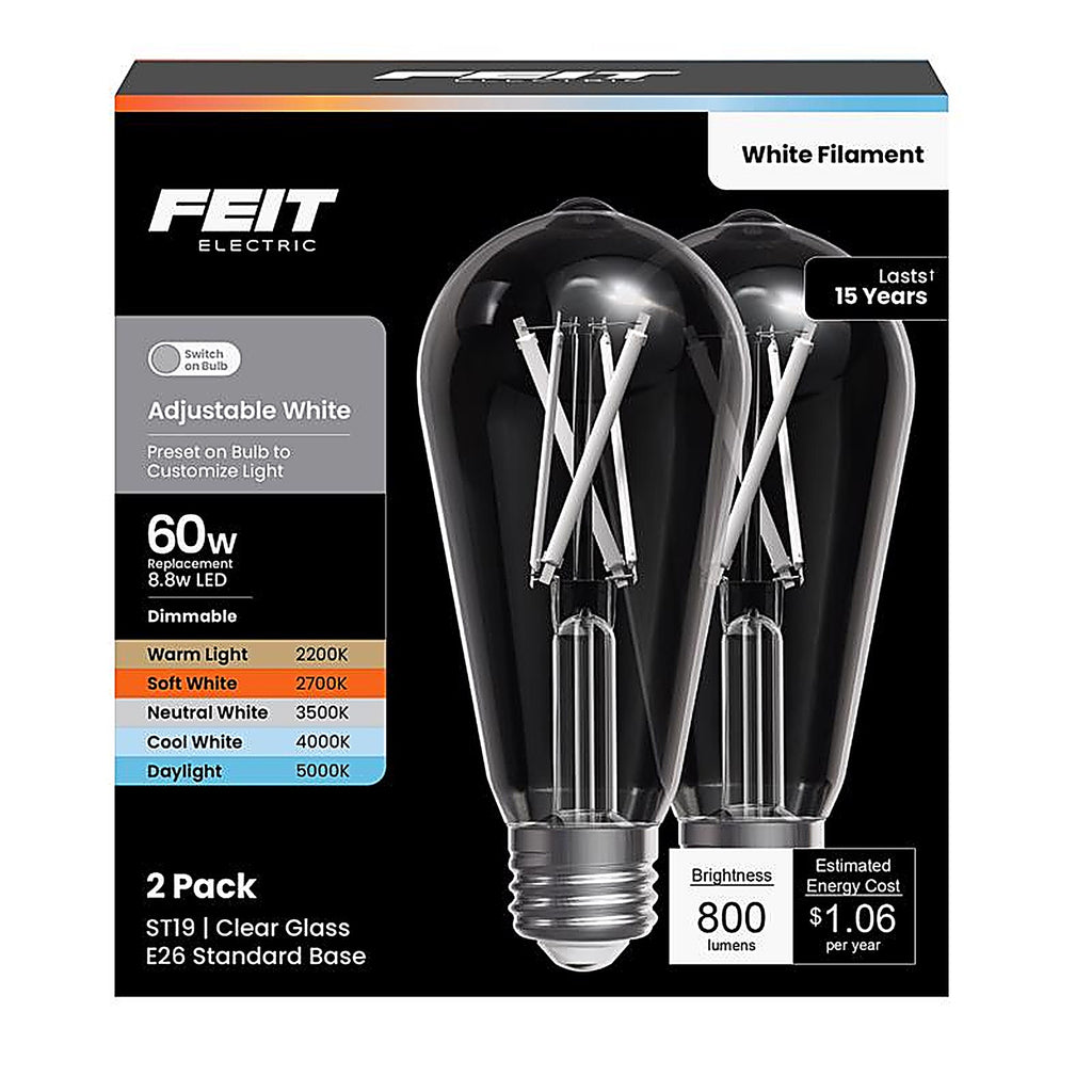 Feit - ST19CL5CCTWFIL2 - St19 E26 (Medium) Filament LED Bulb Adjustable White 60 Watt Equivalence 2 Pack