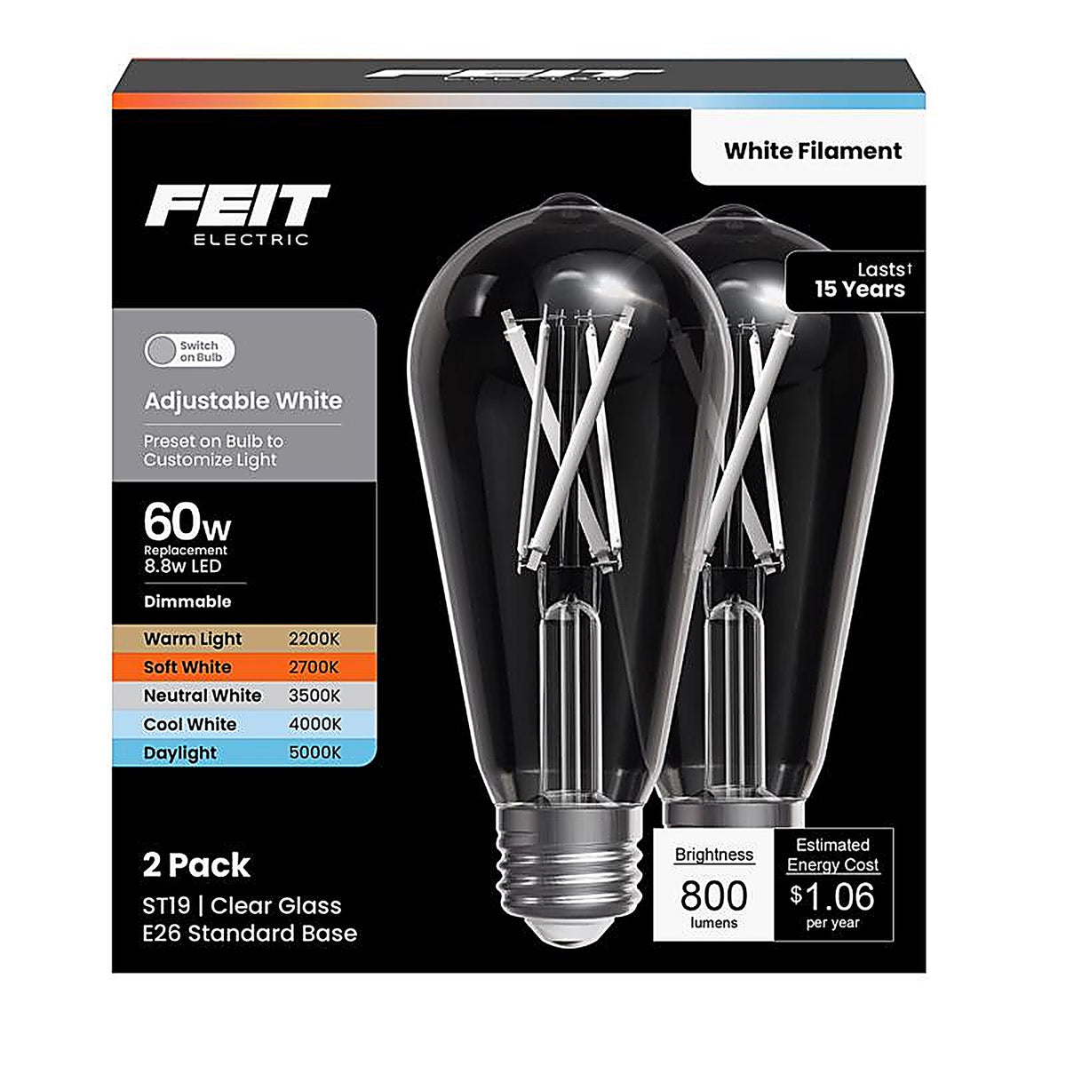 Feit - ST19CL5CCTWFIL2 - St19 E26 (Medium) Filament LED Bulb Adjustable White 60 Watt Equivalence 2 Pack