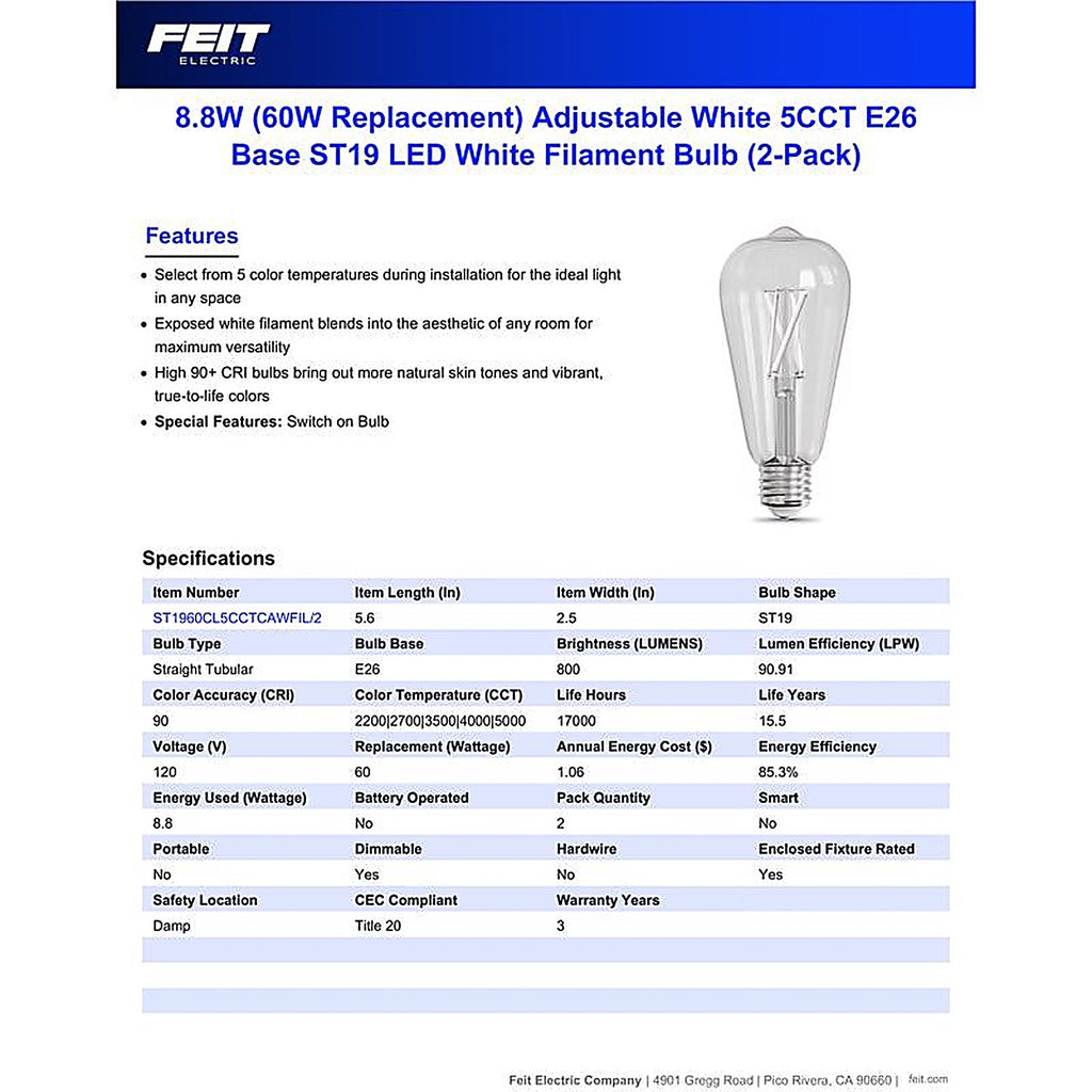 Feit - ST19CL5CCTWFIL2 - St19 E26 (Medium) Filament LED Bulb Adjustable White 60 Watt Equivalence 2 Pack