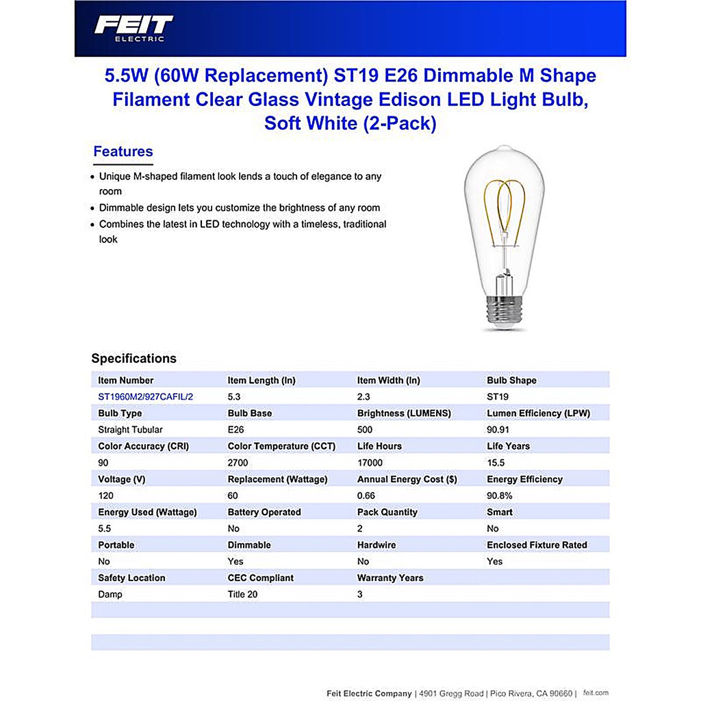 Feit - ST1960M2927FIL2 - St19 E26 (Medium) Filament LED Bulb Soft White 60 Watt Equivalence 1 Pack