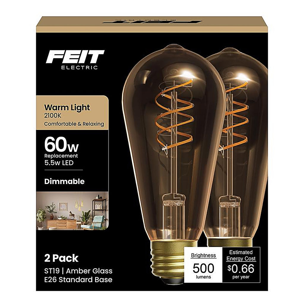 Feit - ST19S2821FILVG2 - St19 E26 (Medium) Filament LED Bulb Amber 60 Watt Equivalence 2 Pack