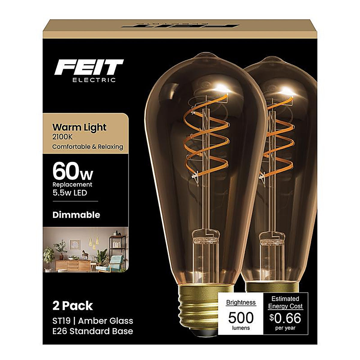 Feit - ST19S2821FILVG2 - St19 E26 (Medium) Filament LED Bulb Amber 60 Watt Equivalence 2 Pack