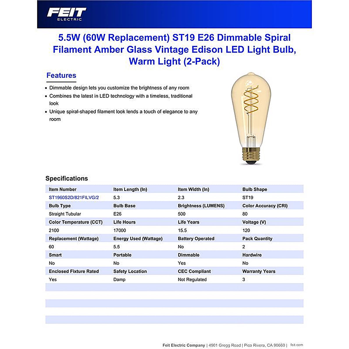 Feit - ST19S2821FILVG2 - St19 E26 (Medium) Filament LED Bulb Amber 60 Watt Equivalence 2 Pack