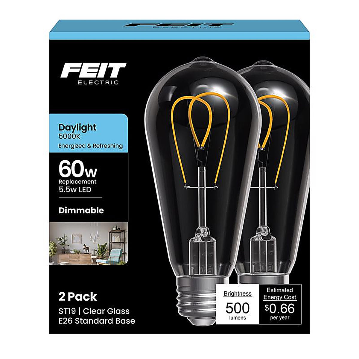 Feit - ST1960M2950FIL2 - St19 E26 (Medium) Filament LED Bulb Daylight 60 Watt Equivalence 2 Pack