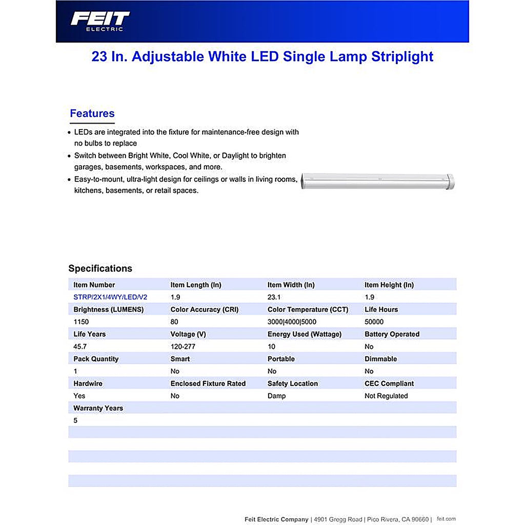 Feit - STRP2X14WYLEDV2 - 23 In. L White Hardwired LED Strip Light 1150 LM