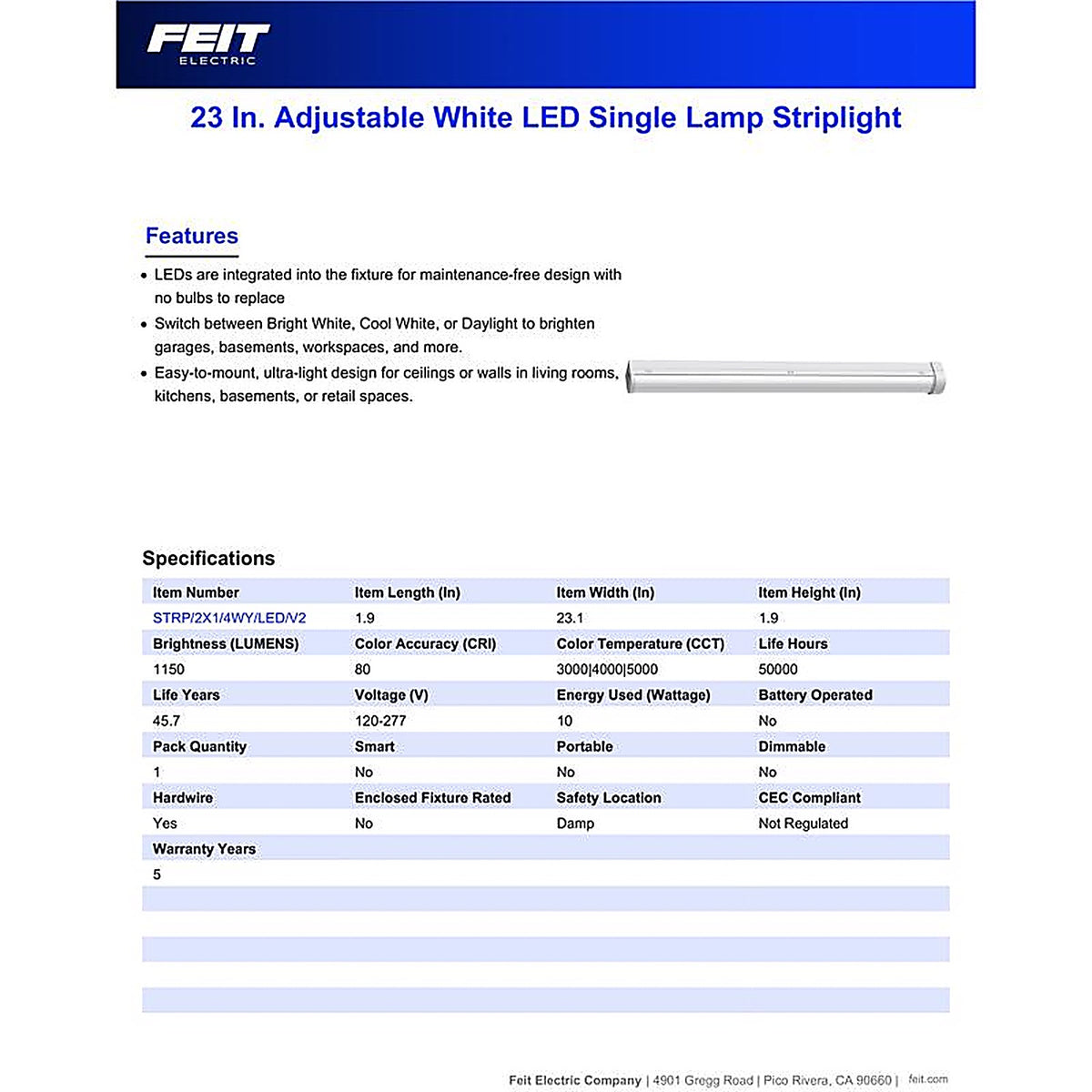 Feit - STRP2X14WYLEDV2 - 23 In. L White Hardwired LED Strip Light 1150 LM