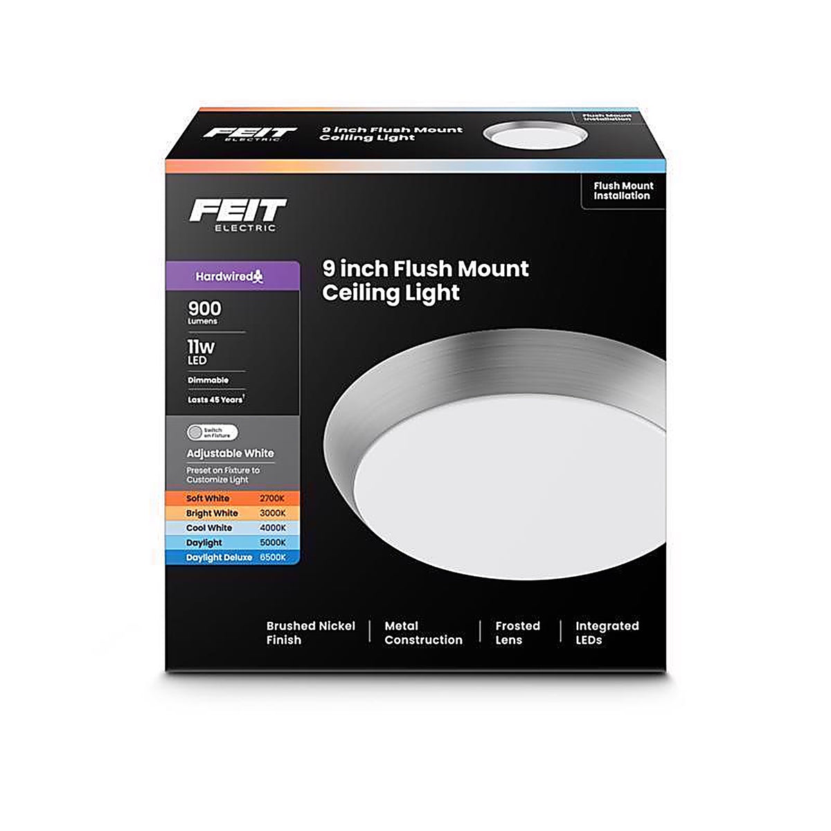 Feit - FM9/5CCT/NK - 3 In. H X 9 In. W X 9 In. L Brushed Nickel White Ceiling Fixture