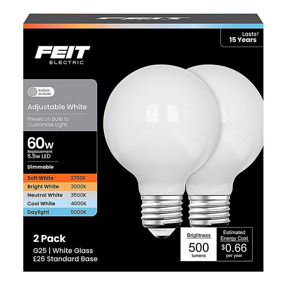 Feit - G2560W5CCTFIL/2 - G25 E26 (Medium) LED Bulb Adjustable White 60 Watt Equivalence 1 Pack
