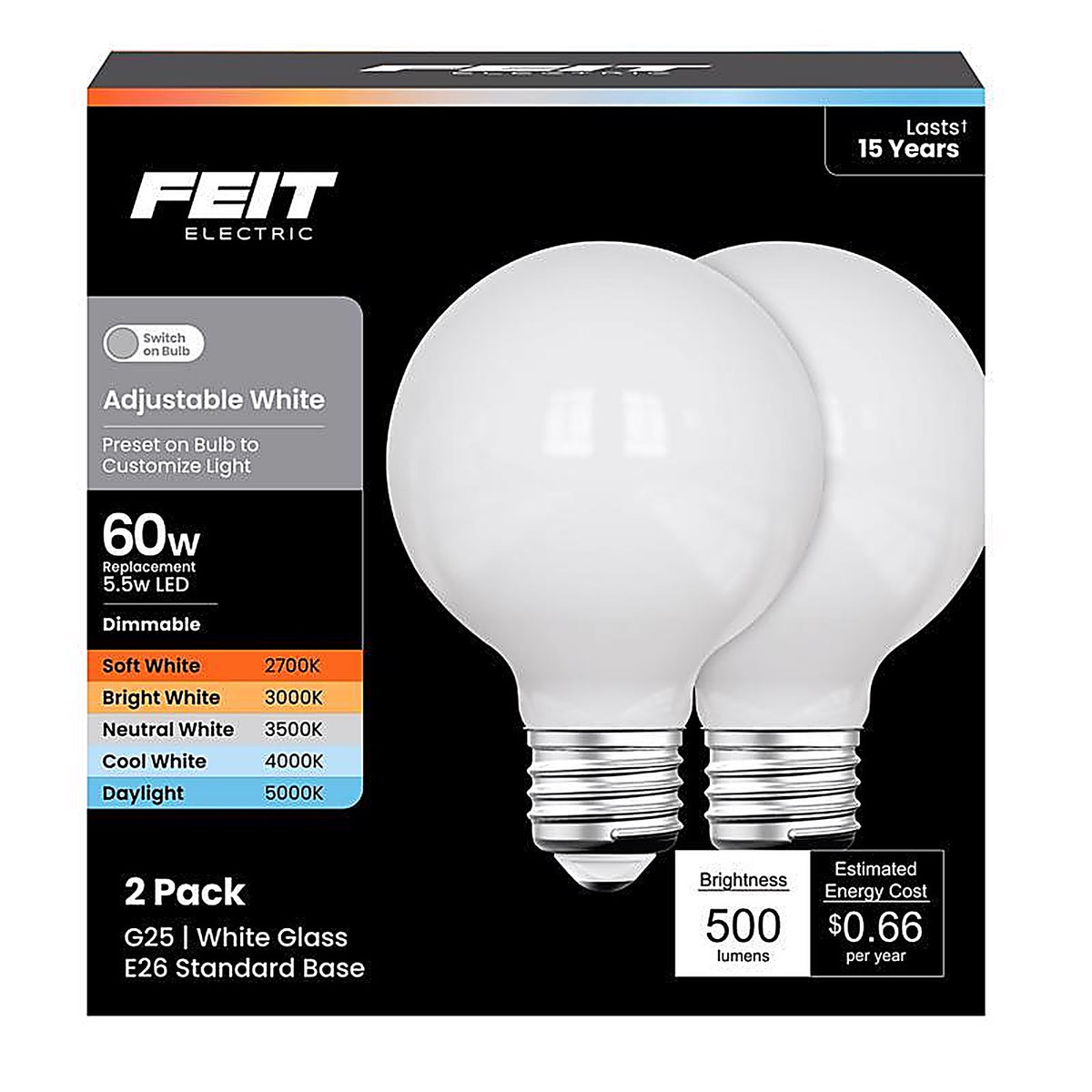 Feit - G2560W5CCTFIL/2 - G25 E26 (Medium) LED Bulb Adjustable White 60 Watt Equivalence 1 Pack