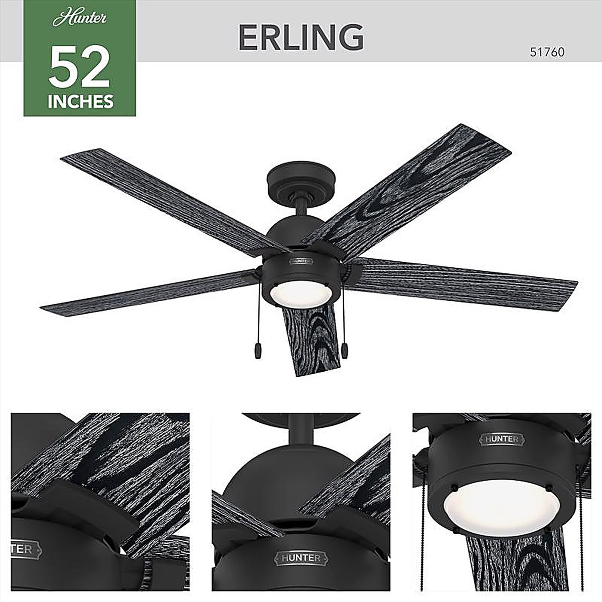 Hunter - 51760 - 52 In. Matte Black LED Indoor Ceiling Fan