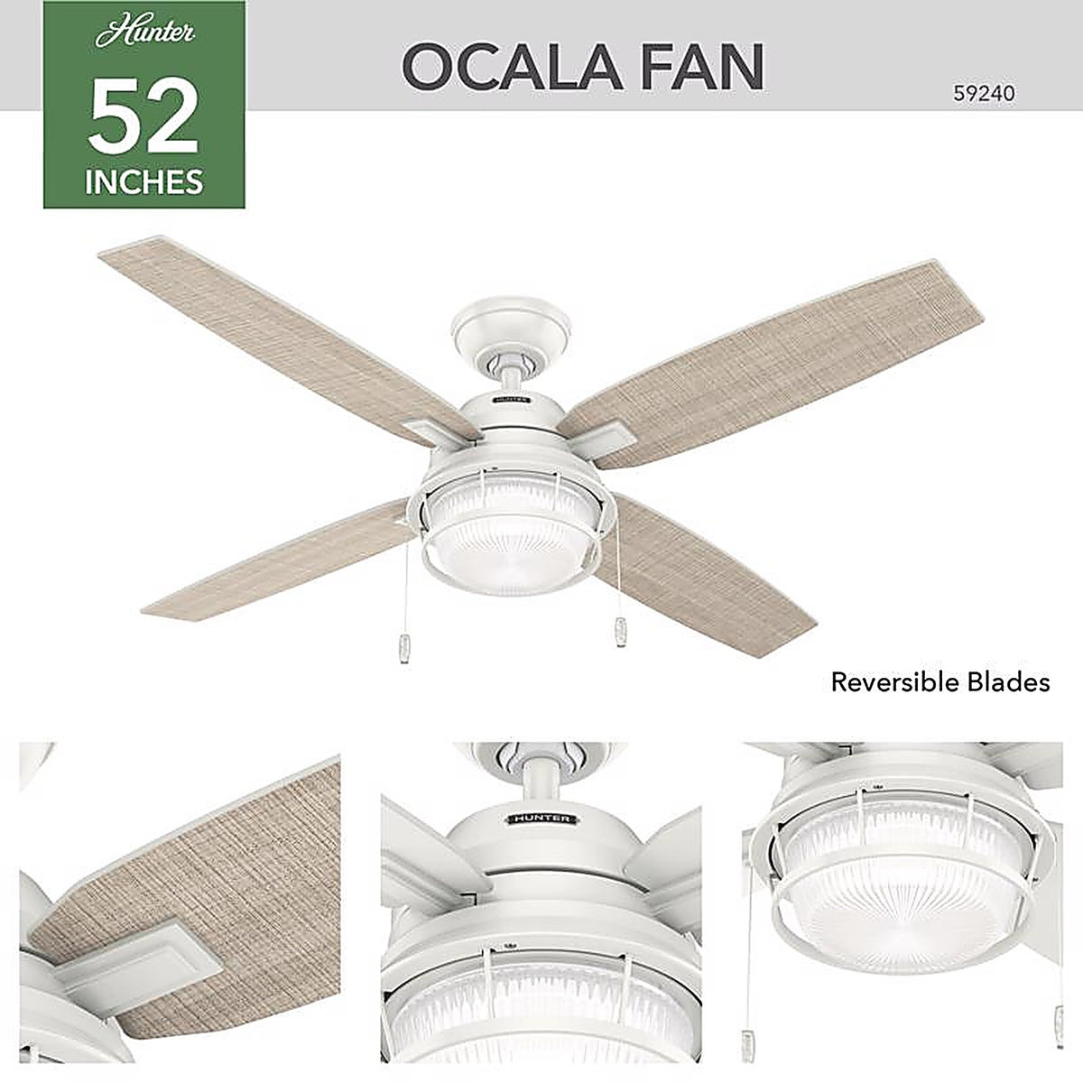 Hunter - 59240 - Fan Ocala 52 In. Bronze White LED Indoor and Outdoor Ceiling Fan