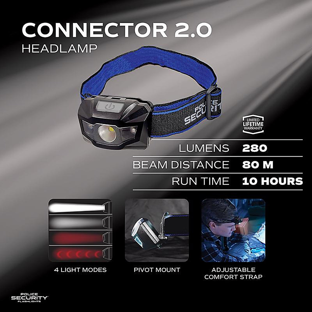 Police Security - 98969 - Connector 2.0 280 LM Black LED Head Lamp Aaa Battery