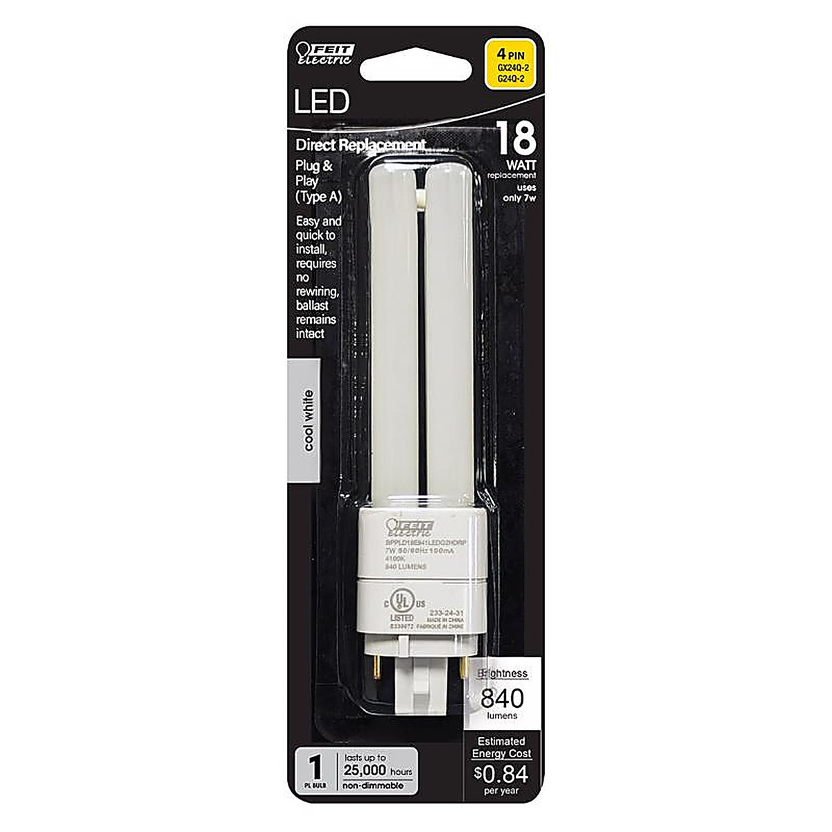 Feit - BPPLD18E841LED2 - Pl Twin Tube Cool White 5.7 In. G24q-2 Linear Double Twin Tube Linear 18 Watt Equivalence 1 Pack