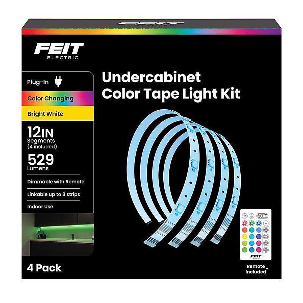Feit - TAPE12RGB3K - 12 In. L Color Changing Plug-In LED Tape Light 4 Pack