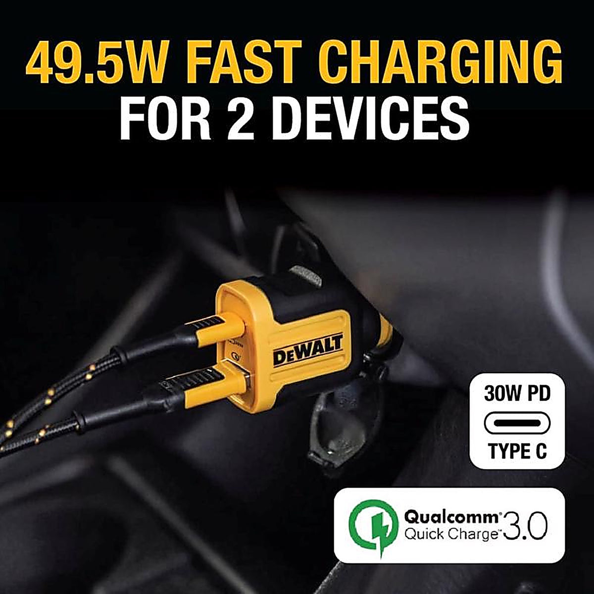 DeWalt - 141 0479 DW2 - Black/Yellow Car Charger 2 Port USB Car Charger for All Mobile Devices