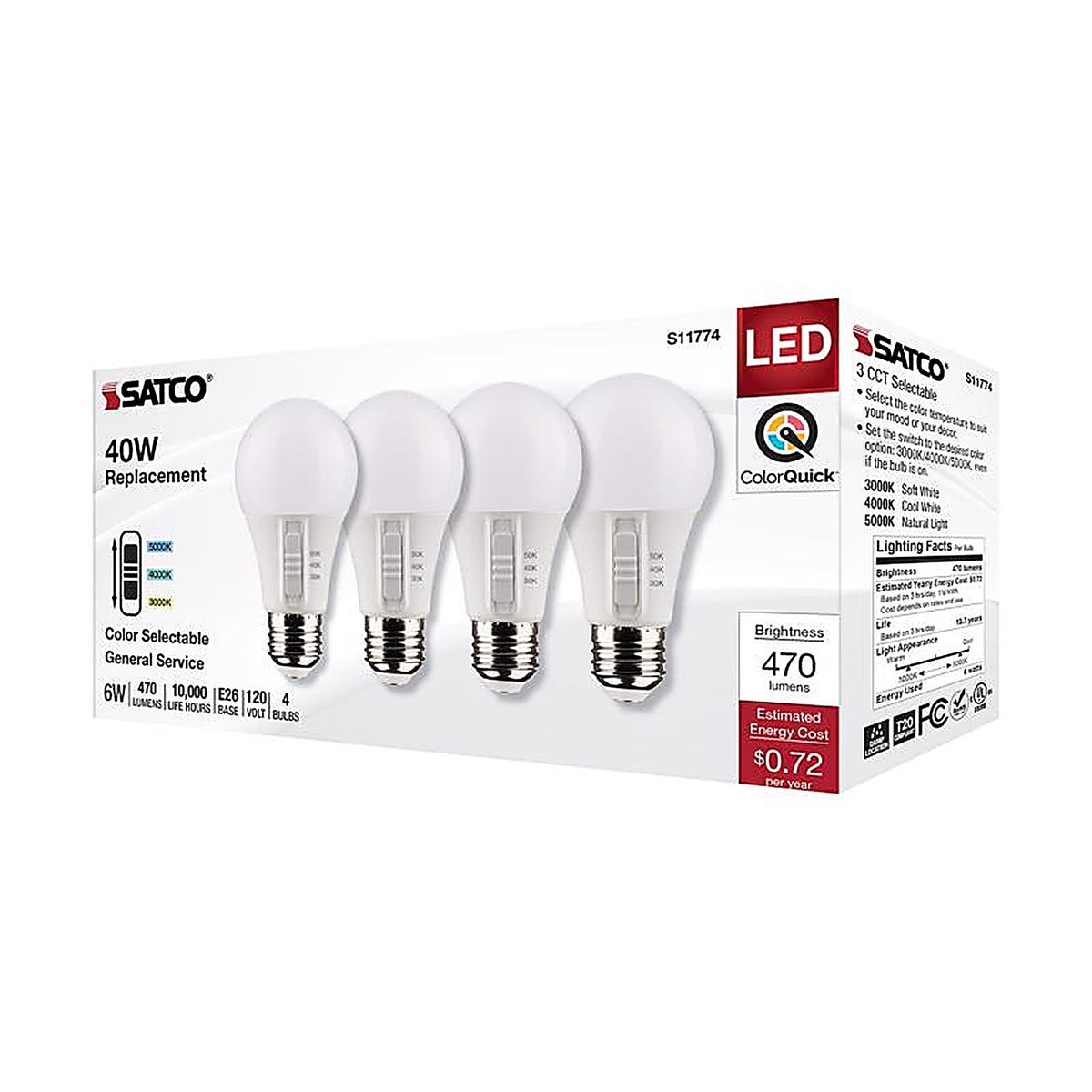 Satco - S11774 - A19 E26 (Medium) LED Bulb Tunable White/Color Changing 40 Watt Equivalence 4 Pack