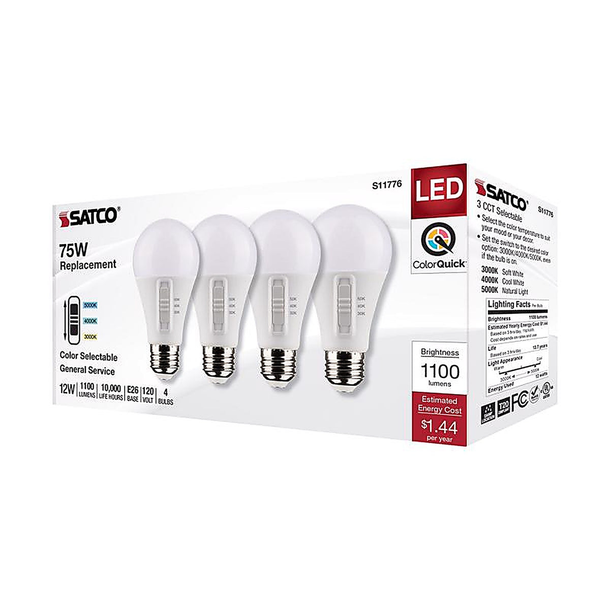Satco - S11776 - A19 E26 (Medium) LED Bulb Tunable White/Color Changing 75 Watt Equivalence 4 Pack
